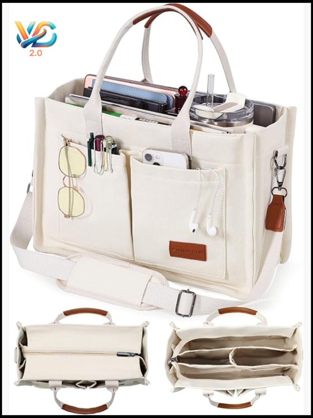 Canvas Tote Bag with Zipper Closure & Compartments Work College Teacher Nurse